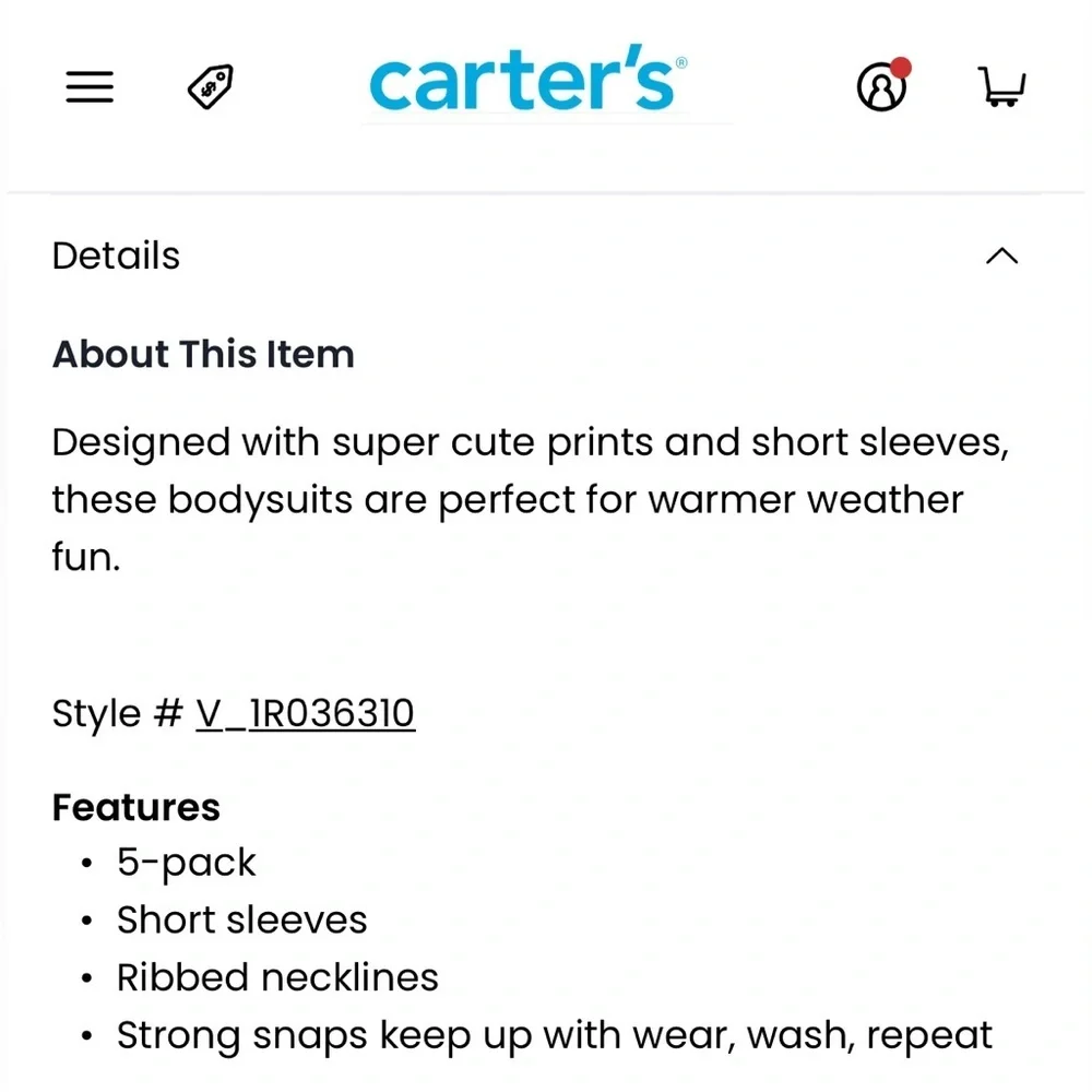 NWT Carter's baby 5-Pack Short-Sleeve Bodysuits sz 9M